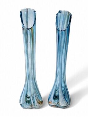 Vintage Japanese Swung Glass Vase Pair Blue Ribbon Stripe 11" MCM